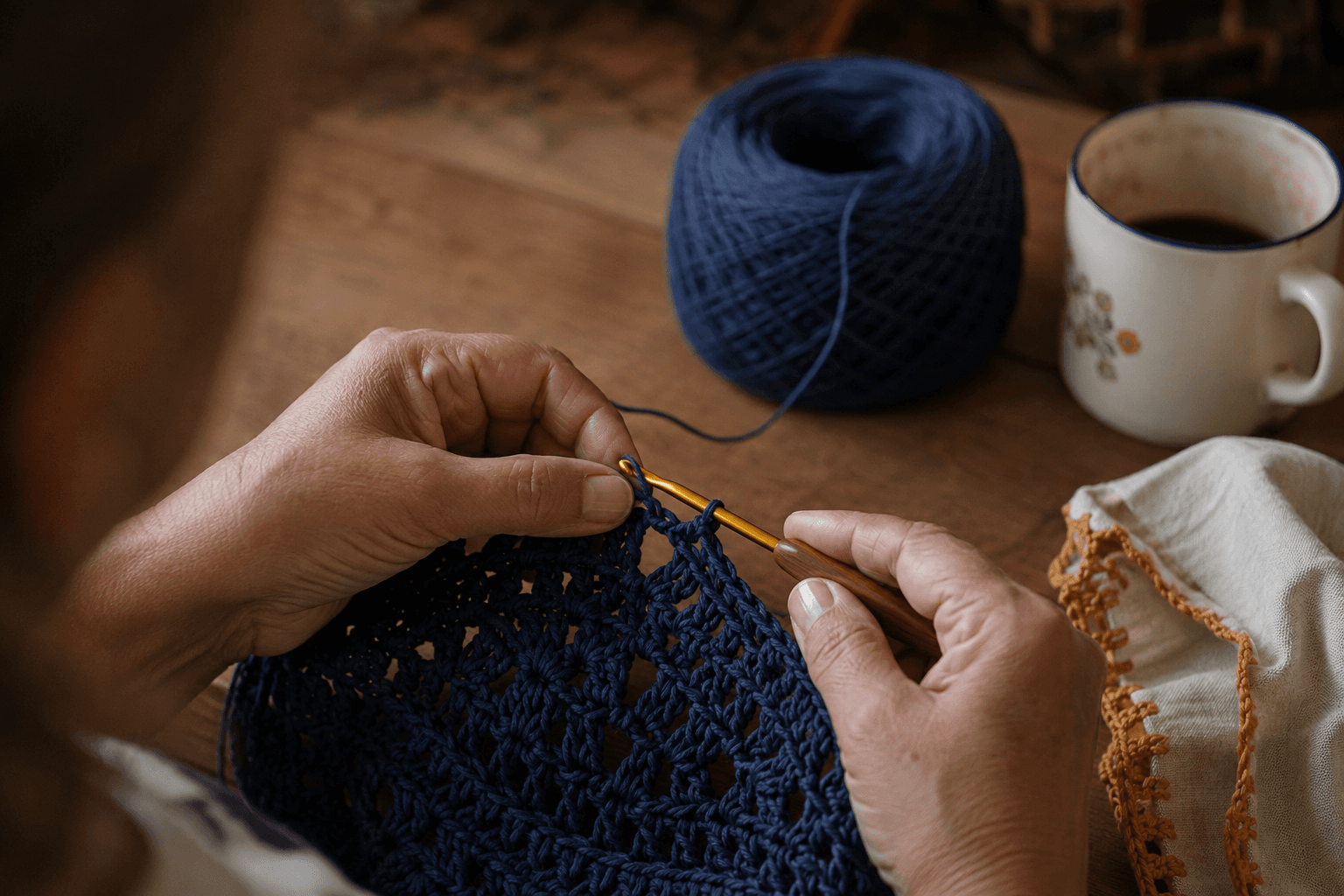 Mãos de uma artesã fazendo crochê em linha azul, com o novelo e o café ao lado