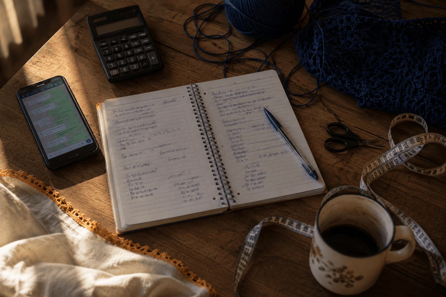 Caderno com contas a mão, calculadora e celular com pedidos no WhatsApp